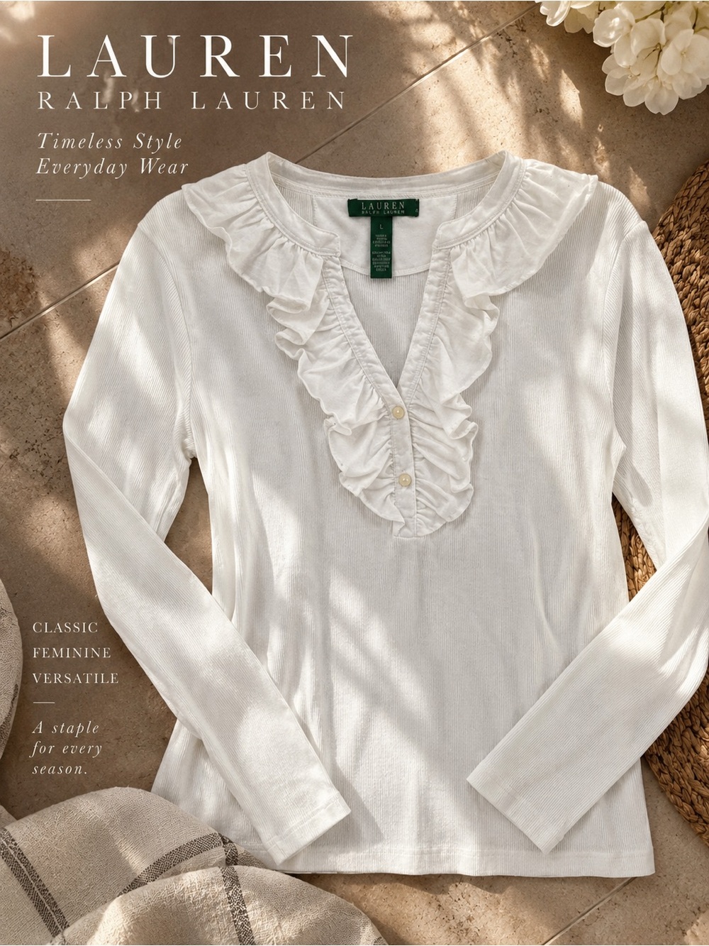 NWT Lauren Ralph Lauren White Ruffle Cotton Top Women’s L